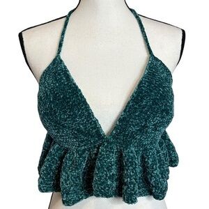 Handcrafted Ruffle Halter Crop Top Emerald Green Velvet Handmade Crochet Knit